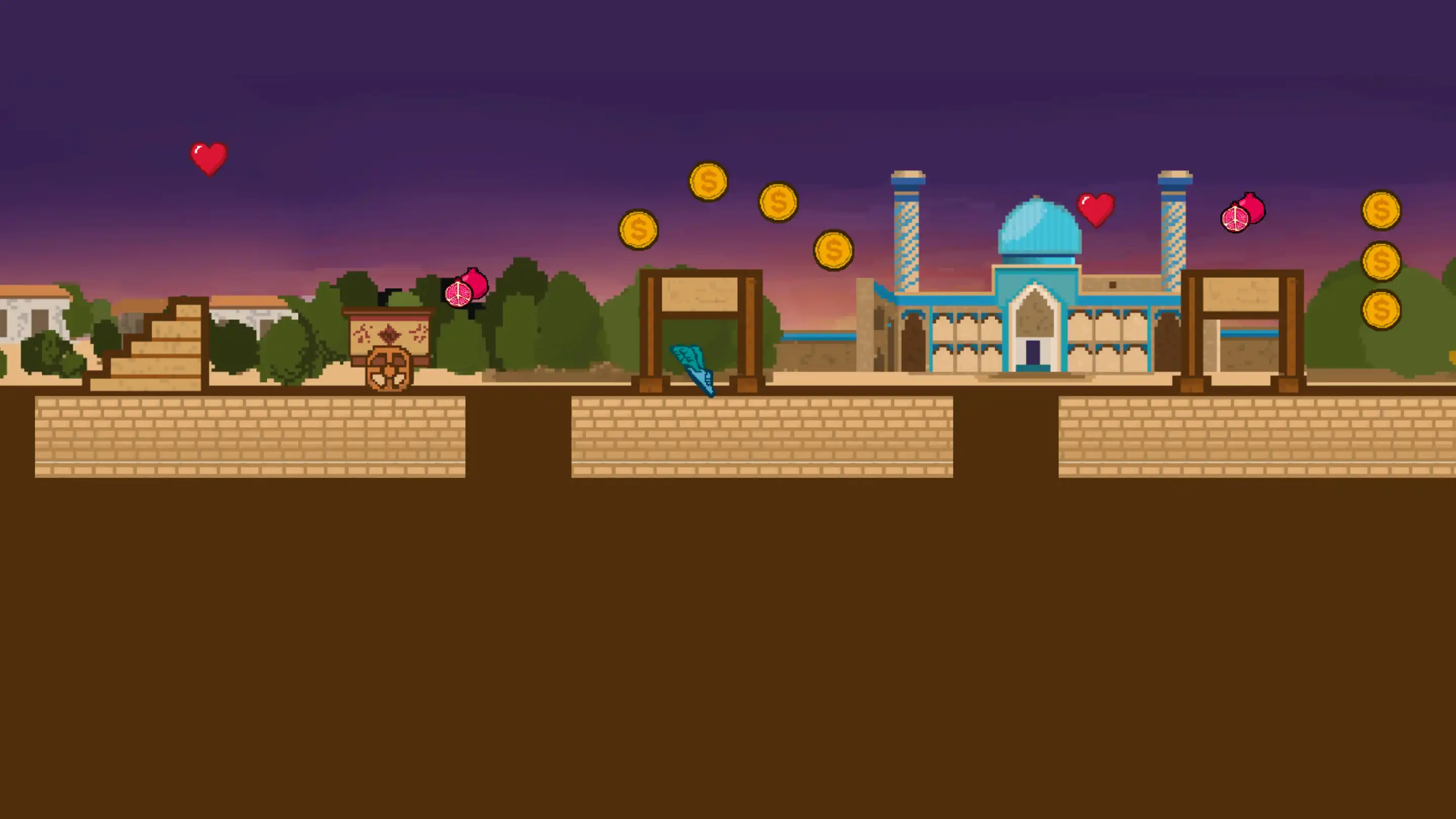 A pixelated side-scrolling game scene with a castle, treasure, and floating coins against a sunset sky.