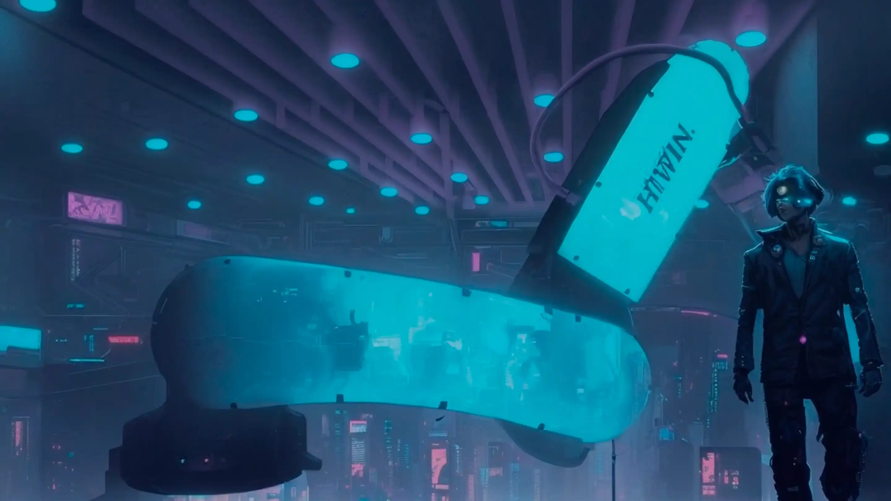 A person wearing a VR headset stands in a futuristic neon-lit environment with a large floating screen displaying "HIMIN" in the background.