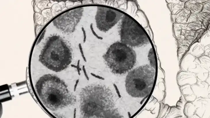 Close-up of a magnifying glass examining a drawing of bacteria or cells on paper.