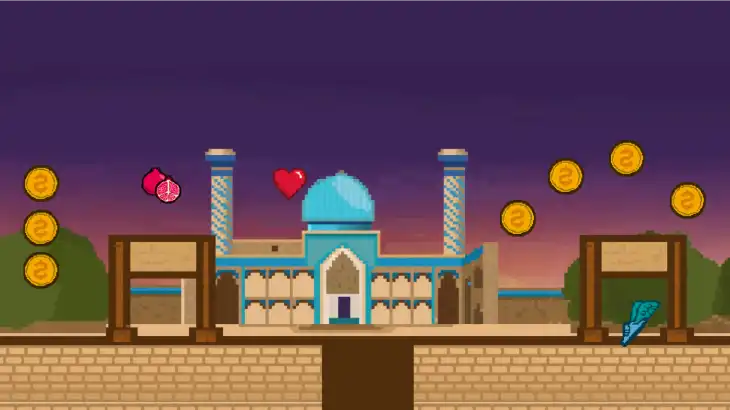 A pixelated side-scrolling game scene with a castle, treasure, and floating coins against a sunset sky.
