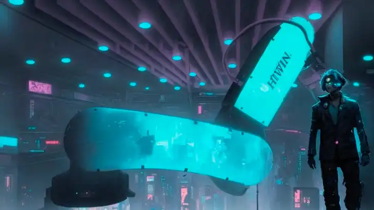 A person wearing a VR headset stands in a futuristic neon-lit environment with a large floating screen displaying "HIMIN" in the background.